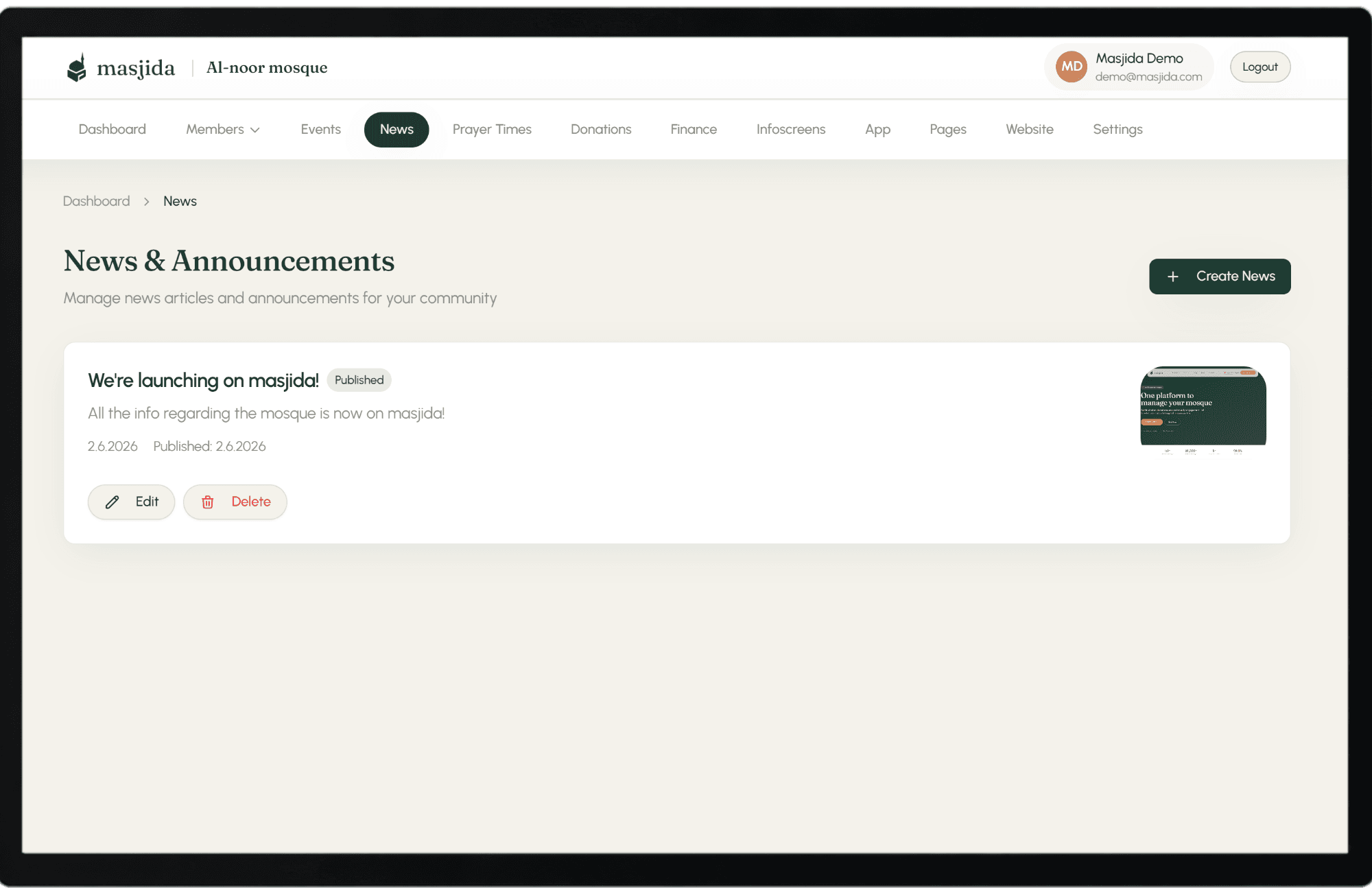 News dashboard