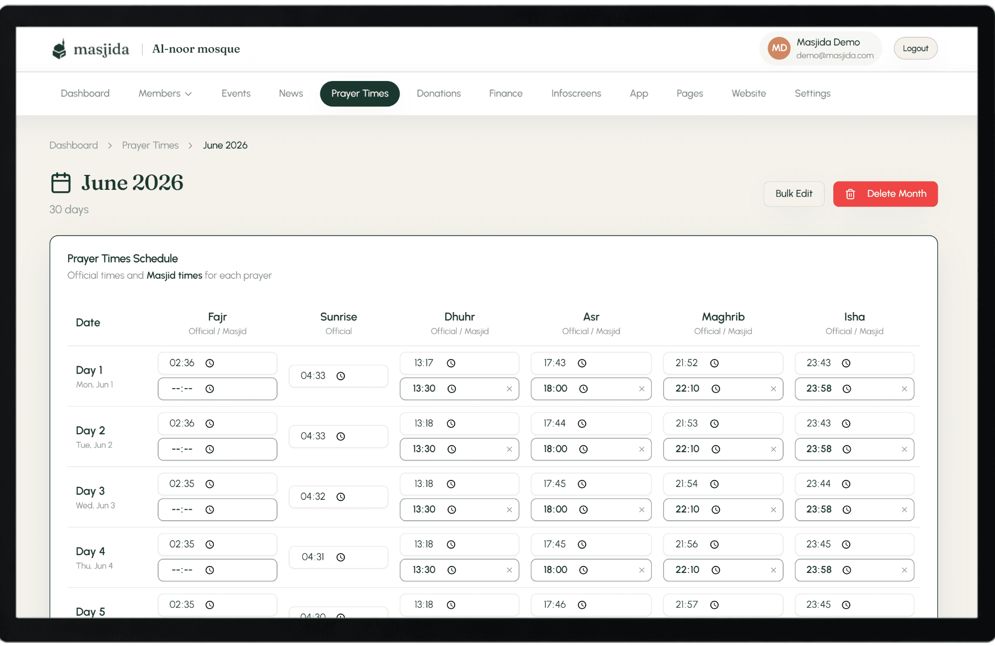 Prayer times dashboard