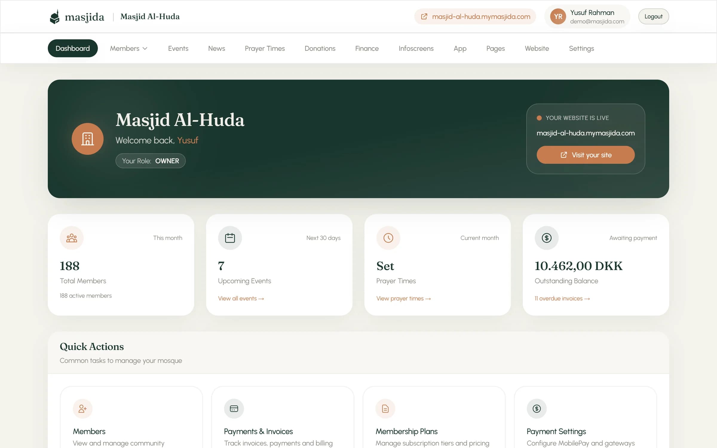 Masjida dashboard for Masjid Al-Huda