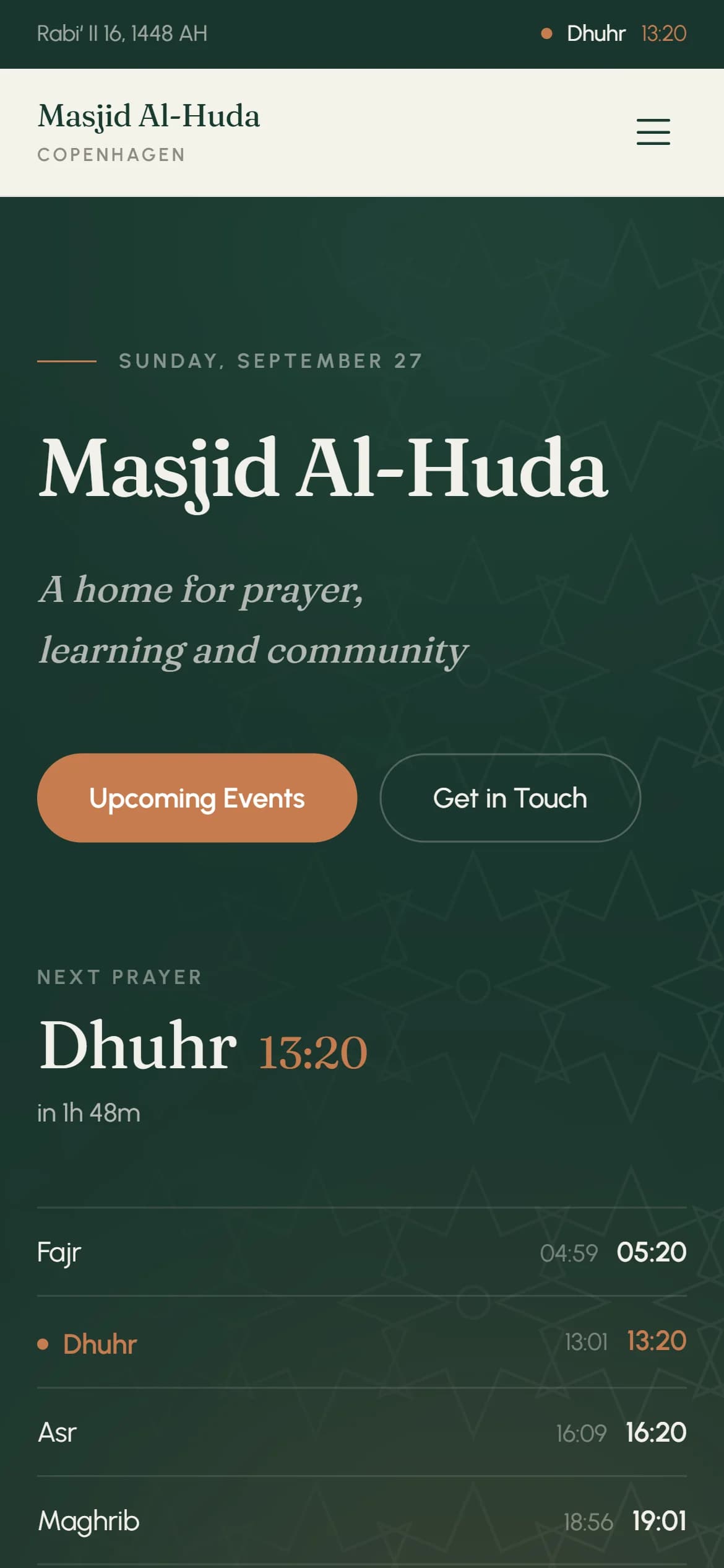The mosque's public website on a phone